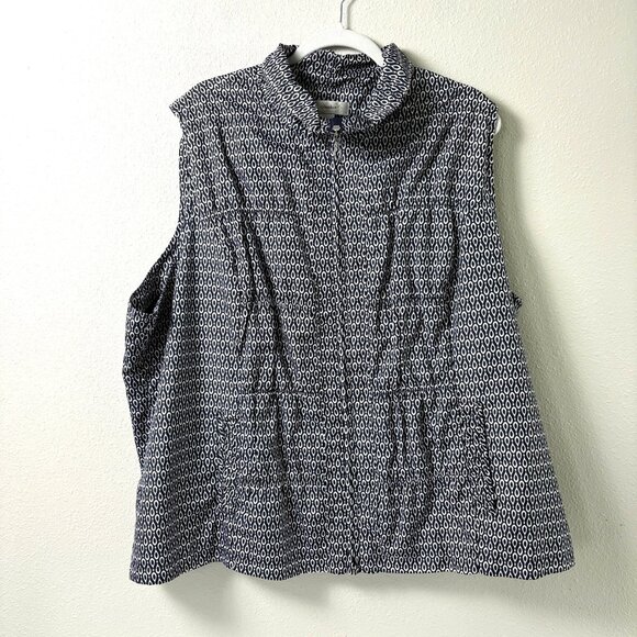 CJ Banks Full Zip Vest Plus Size 3X Blue White Geometric Print Pockets Lined - Picture 1 of 12